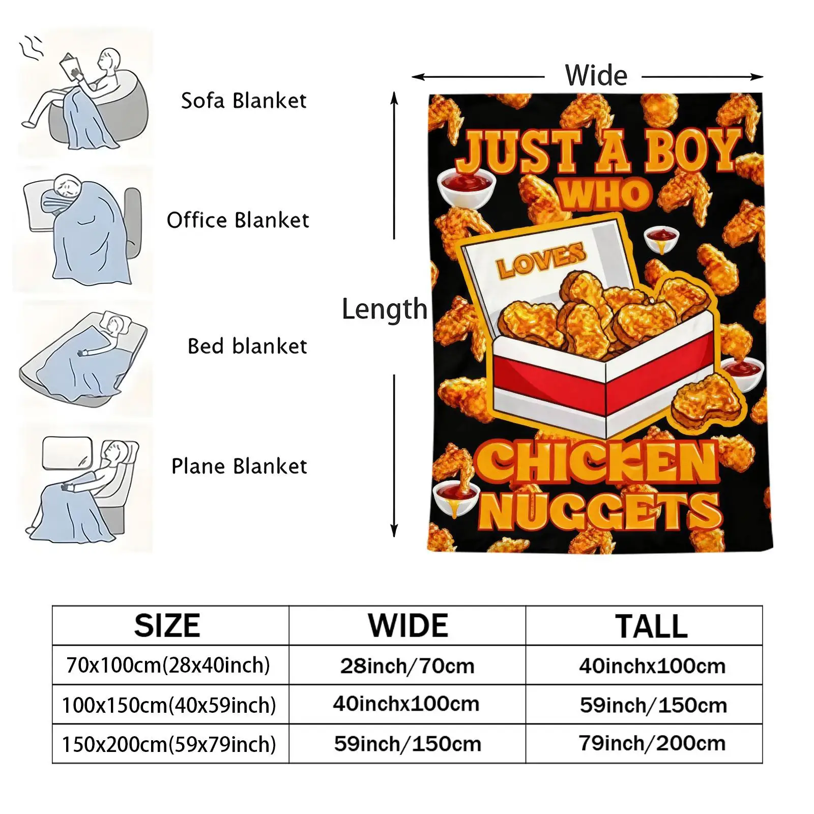 Cartoon Fried Chicken Nuggets & Dipping Sauce Print Flannel Throw Blanket All Season Funny Snack Food Decor Food Lover Gifts