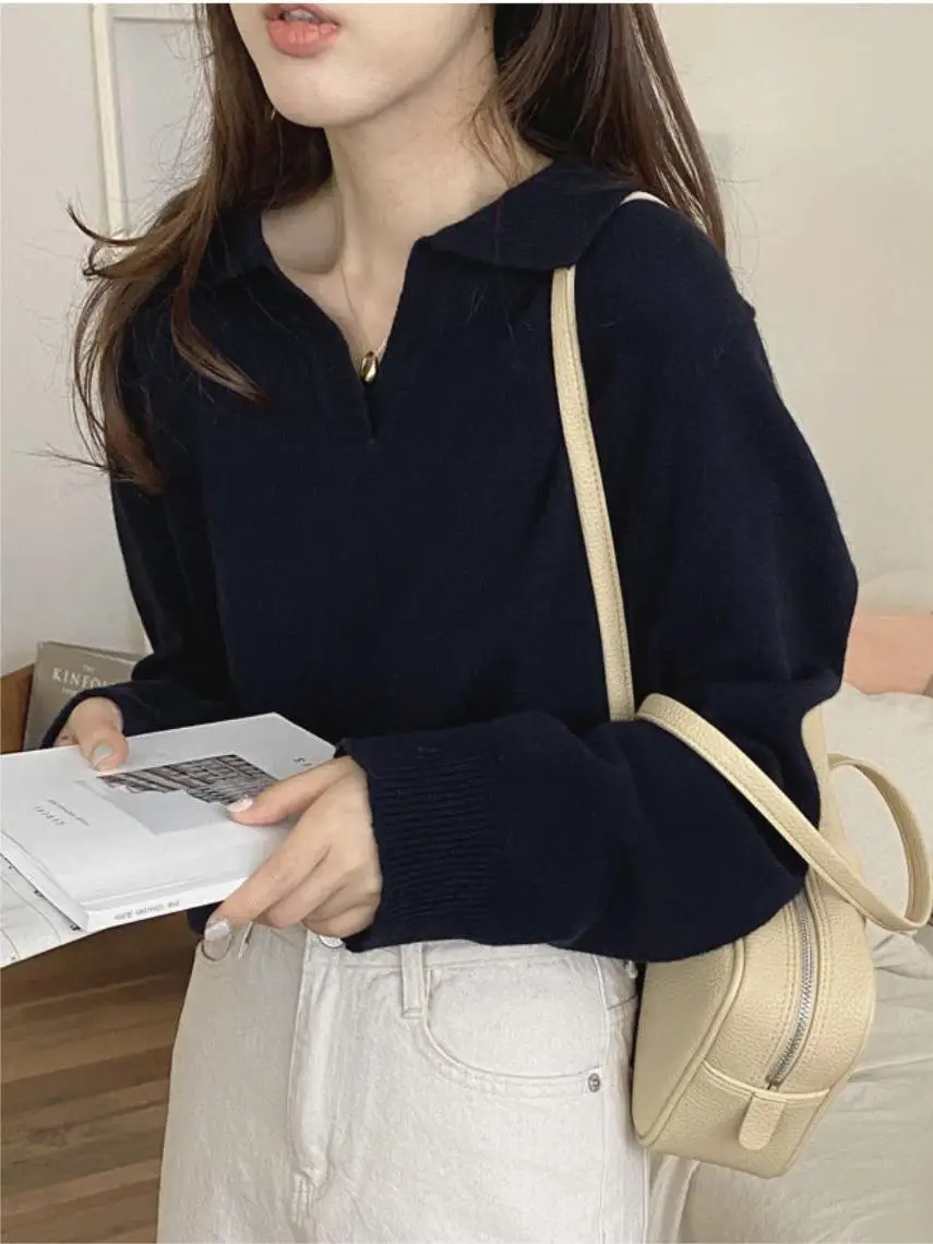

French Sle Loose Fit Long Sve Ne Sweater Women's Casual Comfortable Soft Pure Color Knitted Wear for Daily Use