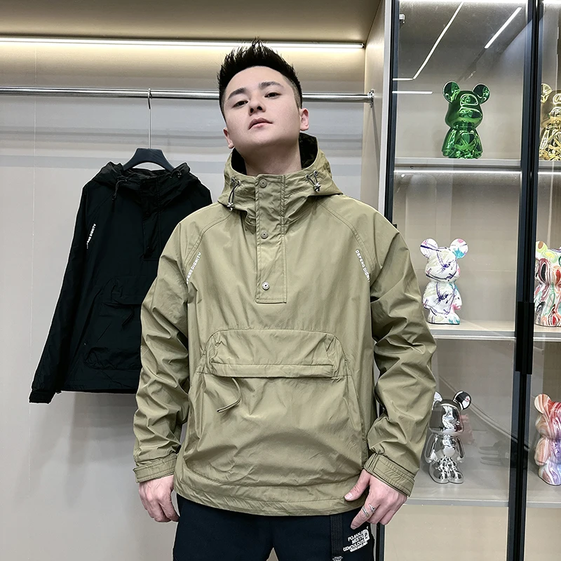 Hoodies Men Solid Front Pocket Pure Color Outdoor Unisex Japanese Style Handsome Temperament Spring Autumn Loose Hipster 2023