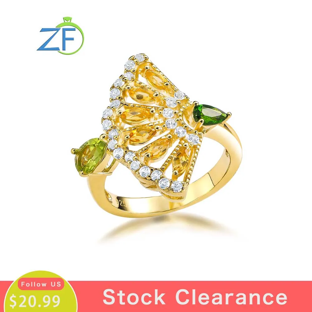 

GZ ZONGFA Pure 925 Sterling Silve Fan Skirt Rings for Women Natural Citrine Peridot Mixed Gems 1ct 14K Gold Plated Fine Jewelry