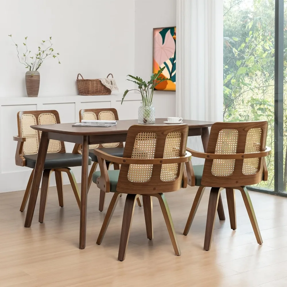 Cafe Chairs,Kitchen Dining Room Chairs -Swivel Dining Chairs with Cane Back, Cushion Arms, Faux Leather Dining Chairs