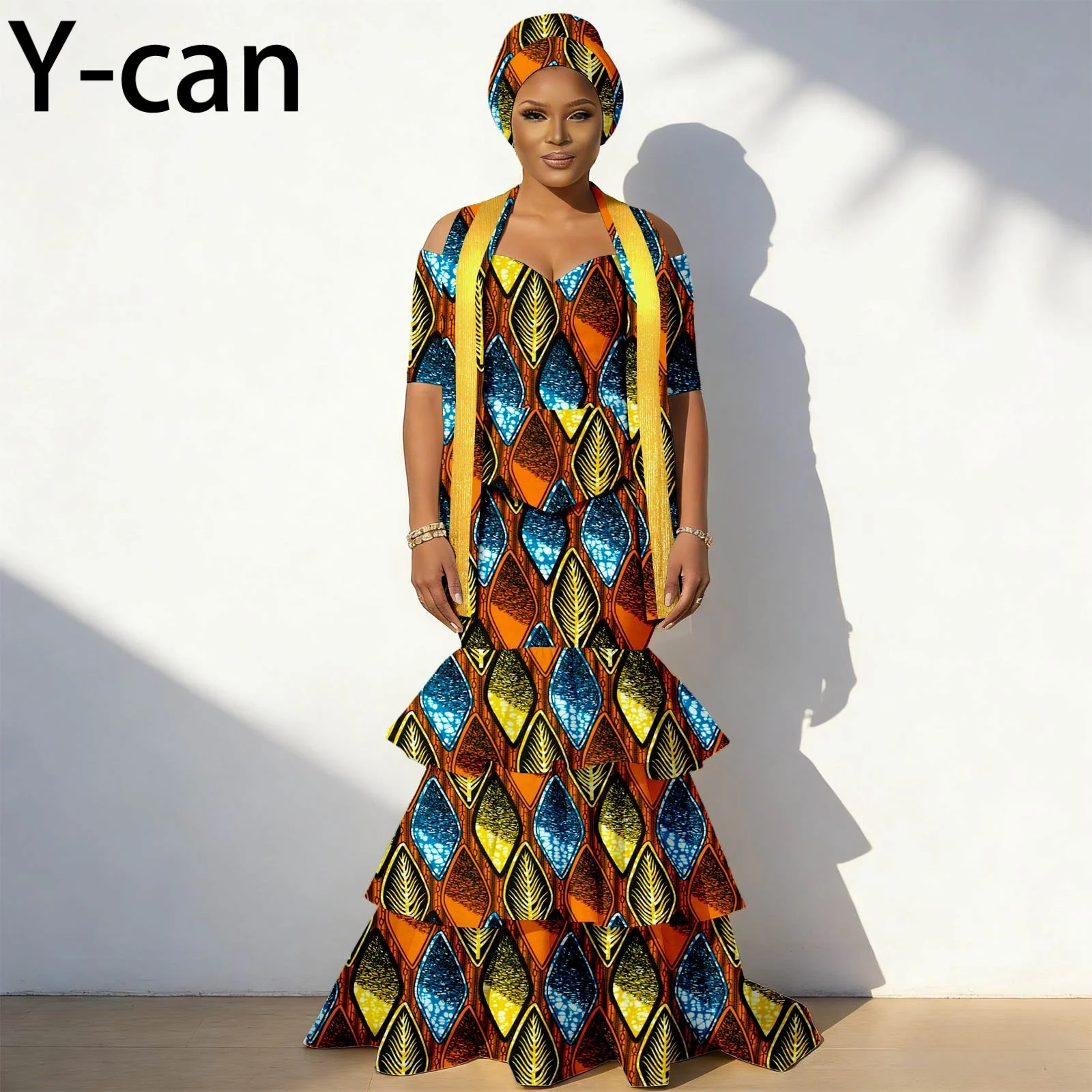 

African Party Dresses for Women Heart-shaped Ruffled Gorgeous Gown Dashiki Ankara Print And Headscarf for Wedding 2625028