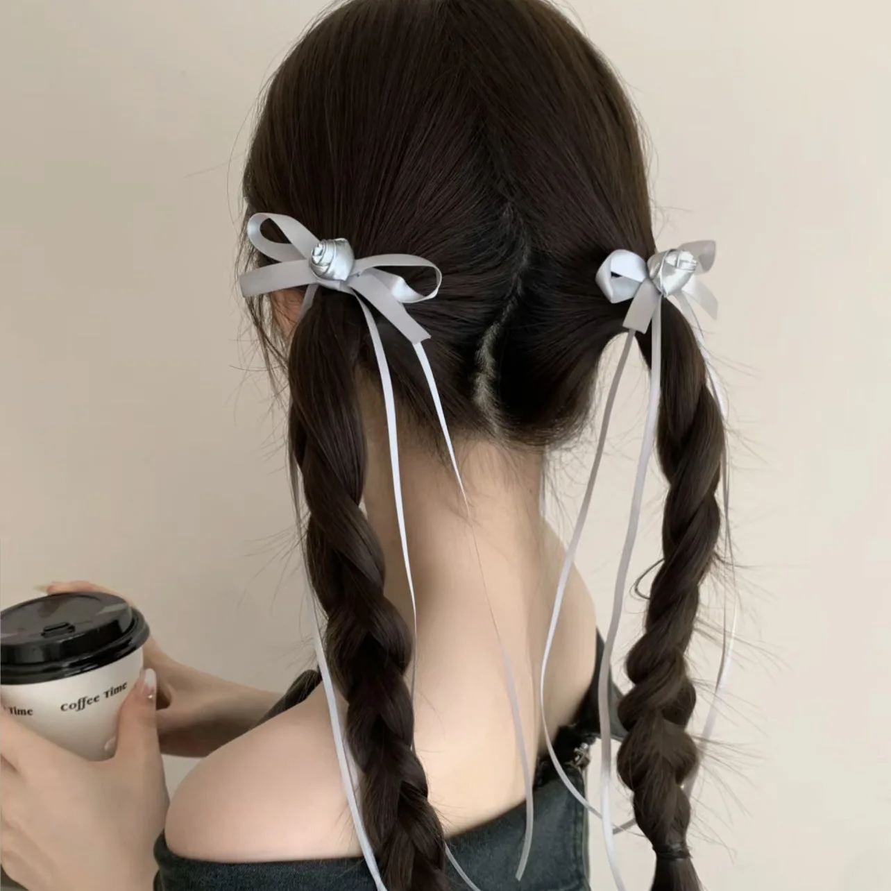 

Rose bow streamer hairpin sweet cool girl style duckbill clip back head double ponytail hairpin headgear hair accessories