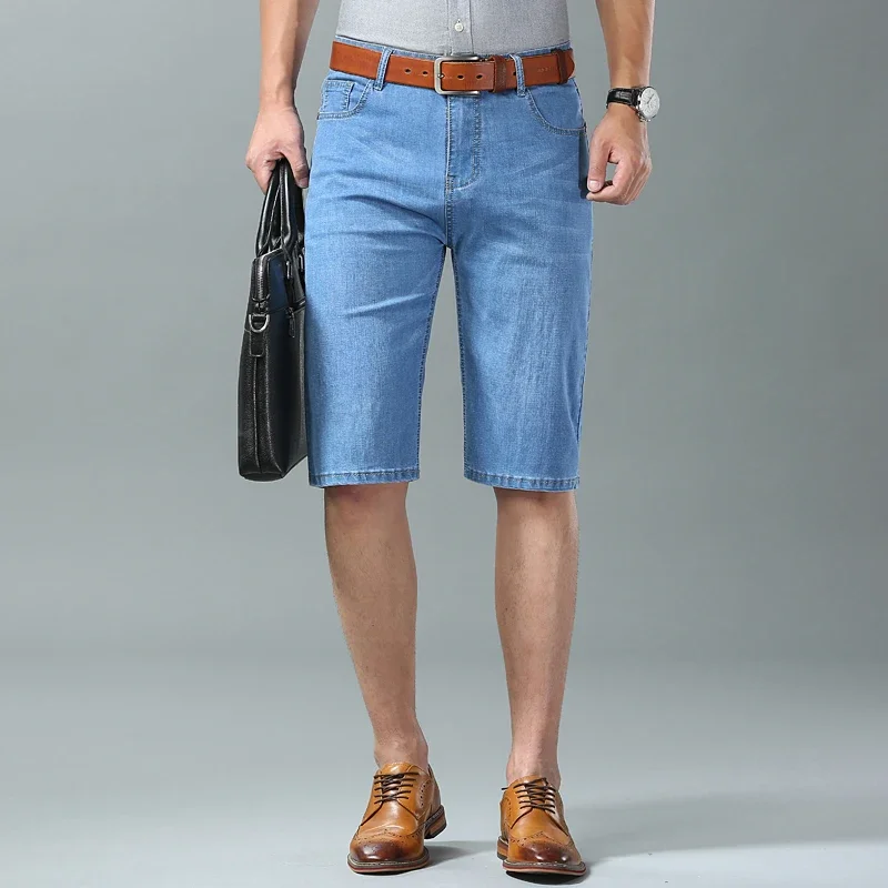 Summer Men business Denim Shorts Thin Straight Casual Short Jeans Male office Brand Clothing Black Blue short pants