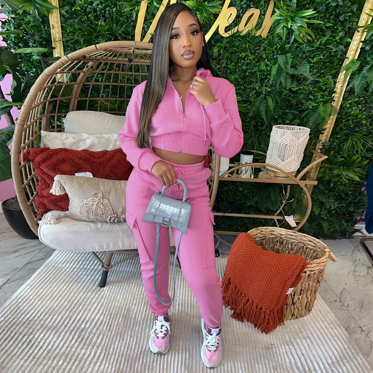 

Autumn Winter Two Piece Set Women Solid Long Sleeve Zipper Hoodie Sweatshirt Jacket and Slim Cargo Pants Casual Women Tracksuit