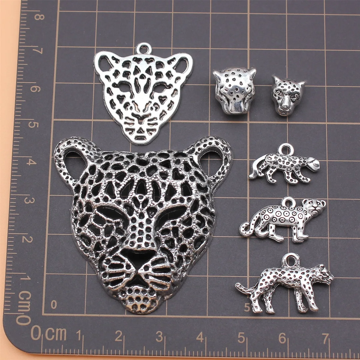 7pcs Antique Silver Color Leopard Charms Collection For DIY Jewelry Making, 7 Styles, 1 of Each