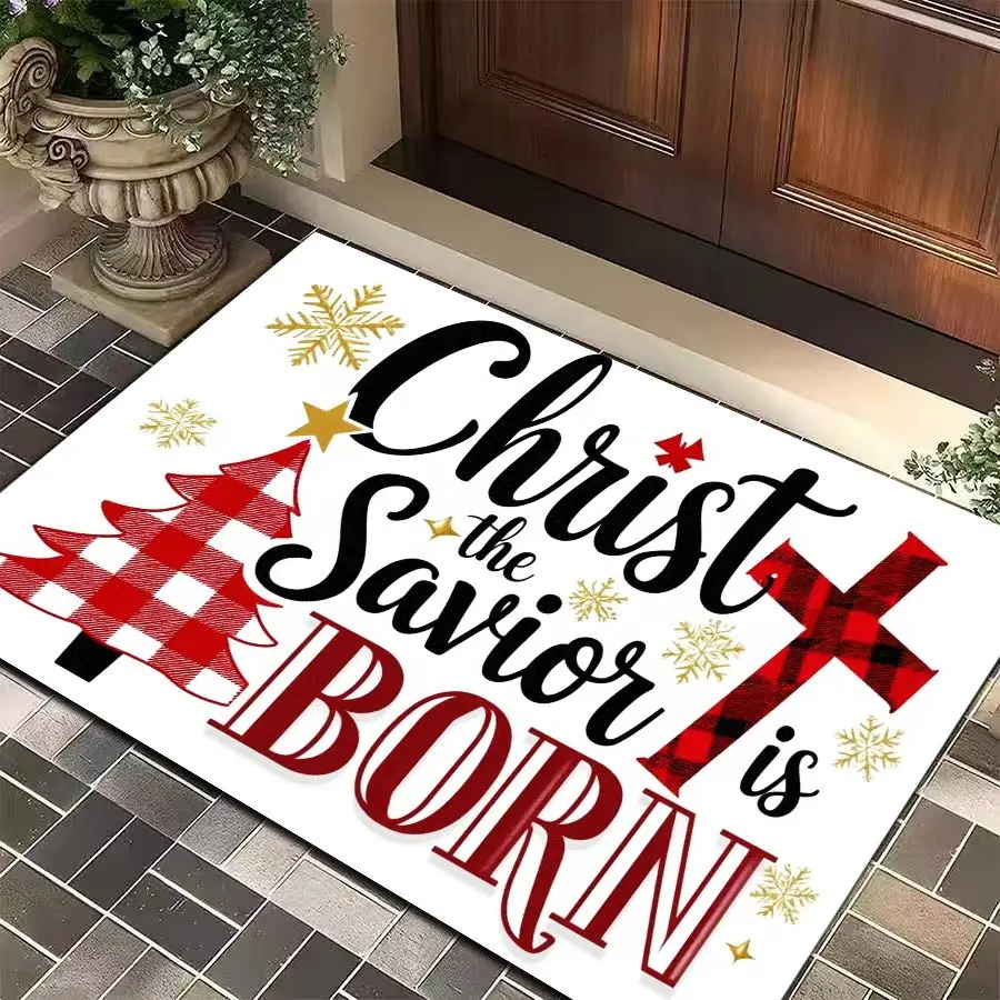 VIKAMA Christmas Doormat Plaid Tree Cross Christmas Coir Entrance Doormat for Outdoor Front Door Porch Xmas Home Decor