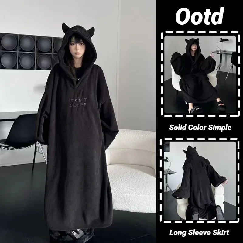 

Thickened padded pajamas Solid color Homewear Loose oversized hooded Dresses Imp couple robe Fall and winter one-piece Sleepwear