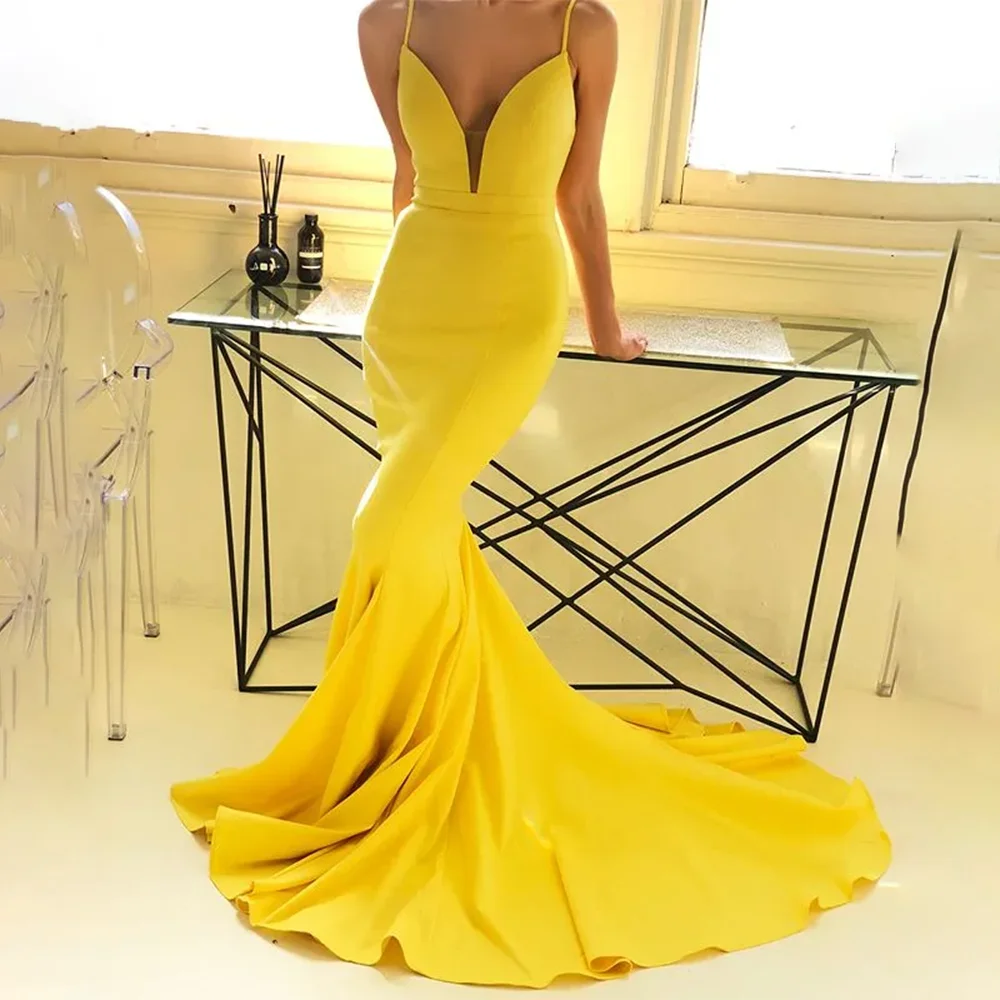 Gaun Malam Elegan Kuning Gaun Prom Pesta Punggung Terbuka Gaun Prom Malam Putri Duyung Tali Spaghetti A-Line Punggung Terbuka Disesuaikan