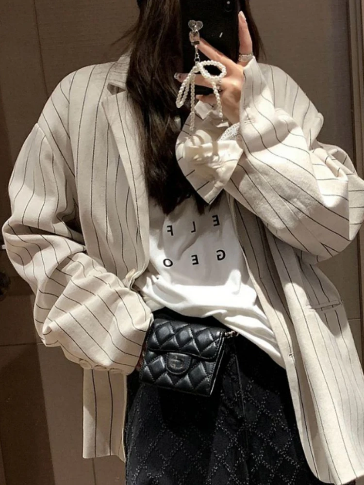 LANMREM Casual Striped Coat For Women Notched Long Sleeves Single Breasted Loose Jackets Versatile 2024 New Clothig 2Z1190