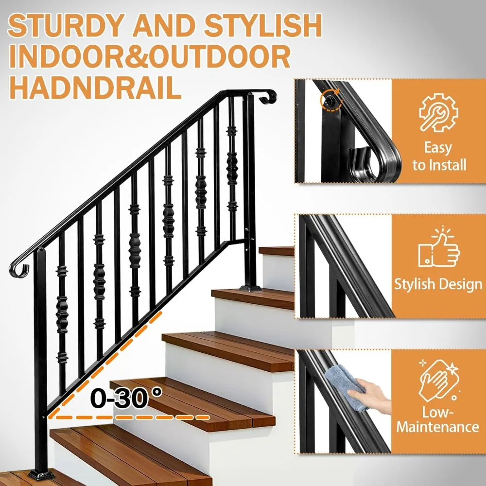 2 Pack 5 Step Handrails for Outdoor Steps, Wrought Iron Stair Railing, Metal Hand Railing with Installation Kit, Staircase Handr