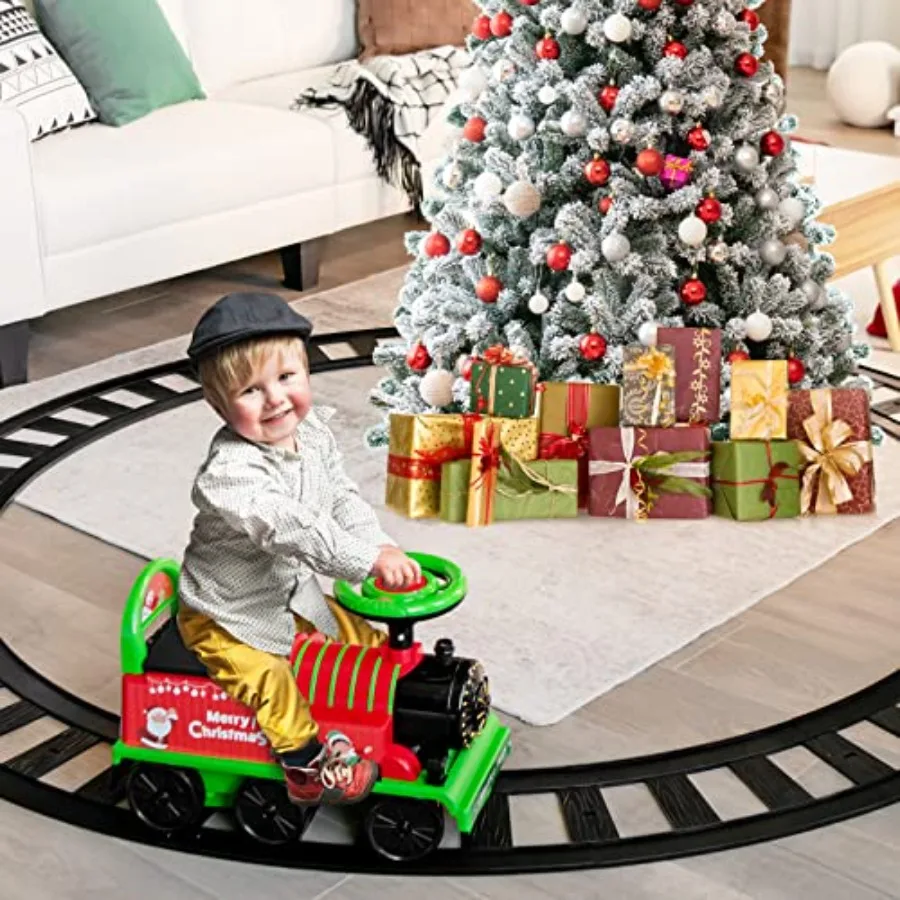 Ride-on train for toddlers, plastic, red, 6V battery-powered with tracks, storage seat, flashing lights, music, backrest, anti-