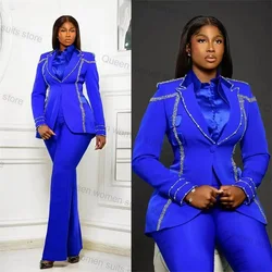 Formal Royal Blue Women Suit Pants Set for Wedding 2 Piece Blazer+Trousers Crystals Office Lady Jacket Coat Tuxedos Custom Made