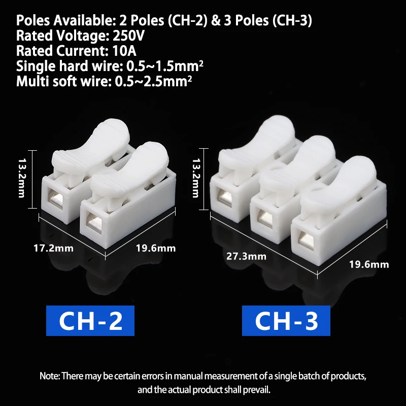 10/50pcs Quick Wire Connectors CH2 CH3 No Soldering Required Spring Clamp Cable Terminals Screwless Block for Electronics