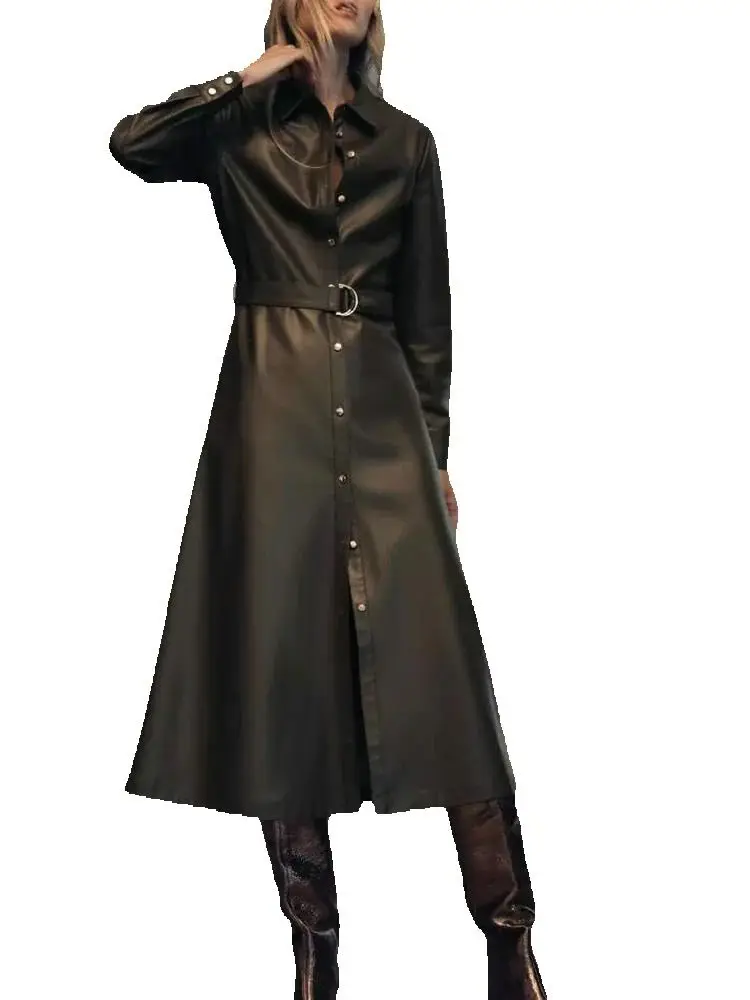 Women Spring Autumn Elegant PU Faux Leather Long Sleeve Shirt Midi Dress Ladies Vintage Fleece Buttons Army Green Belt Dresses