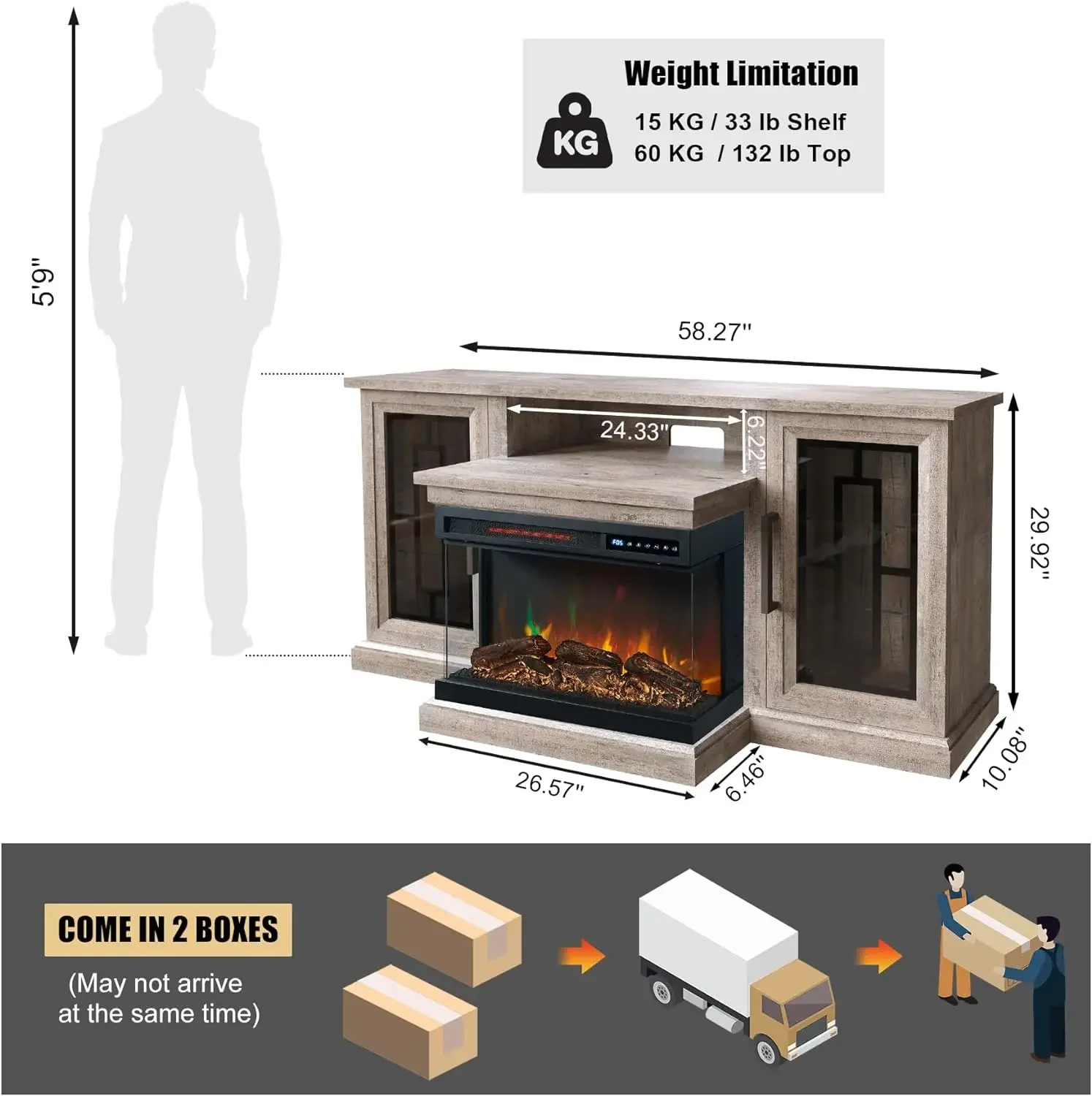 Soporte de TV LED de 59 pulgadas con chimenea de vidrio de 3 lados, mesa de consola central de entretenimiento multimedia moderno para televisores de hasta 65 pulgadas