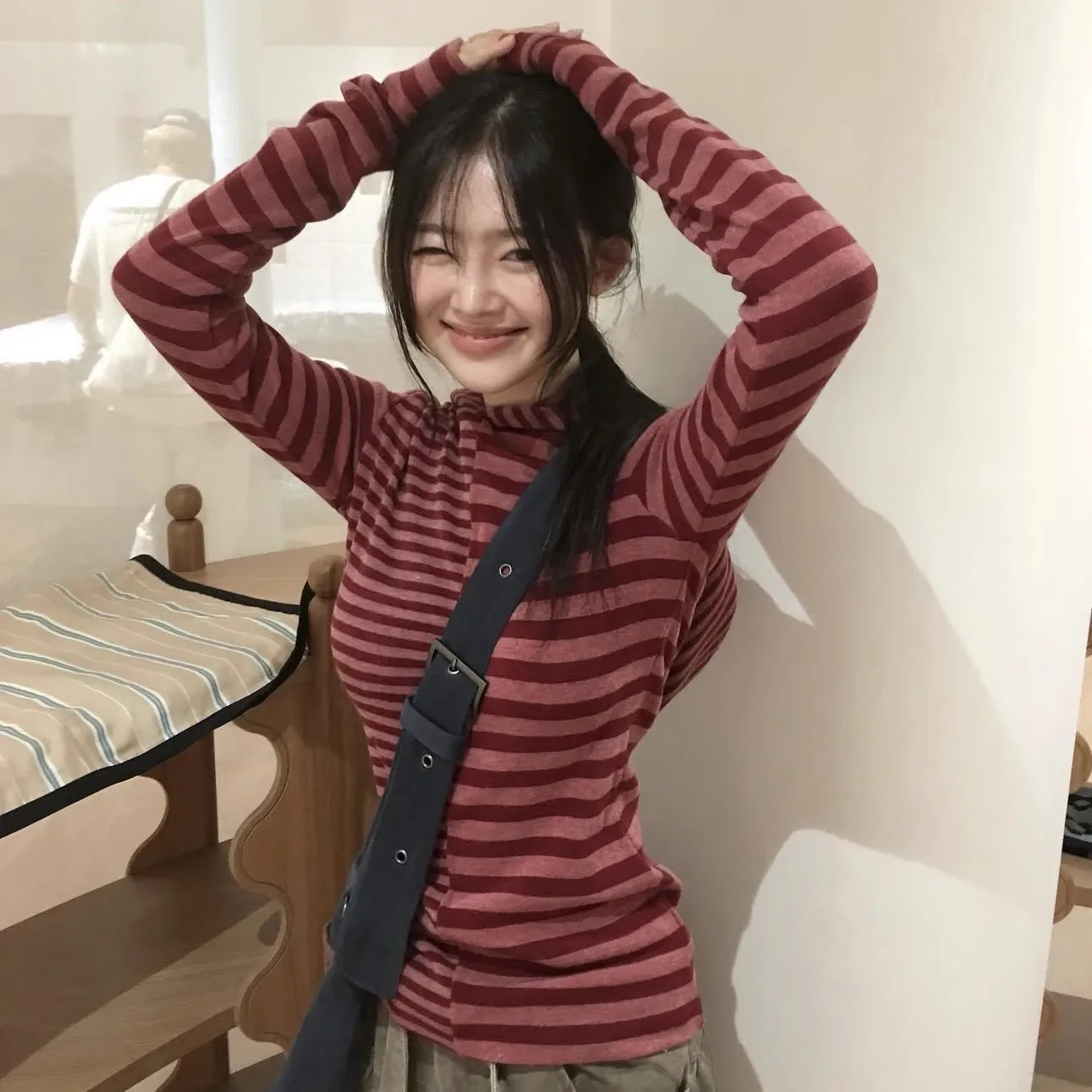 

Slim Fit Striped Hoodie T-Shirt Japanese Style College Fashion Long Sleeve Women's Top round Neck Casual Streetwear