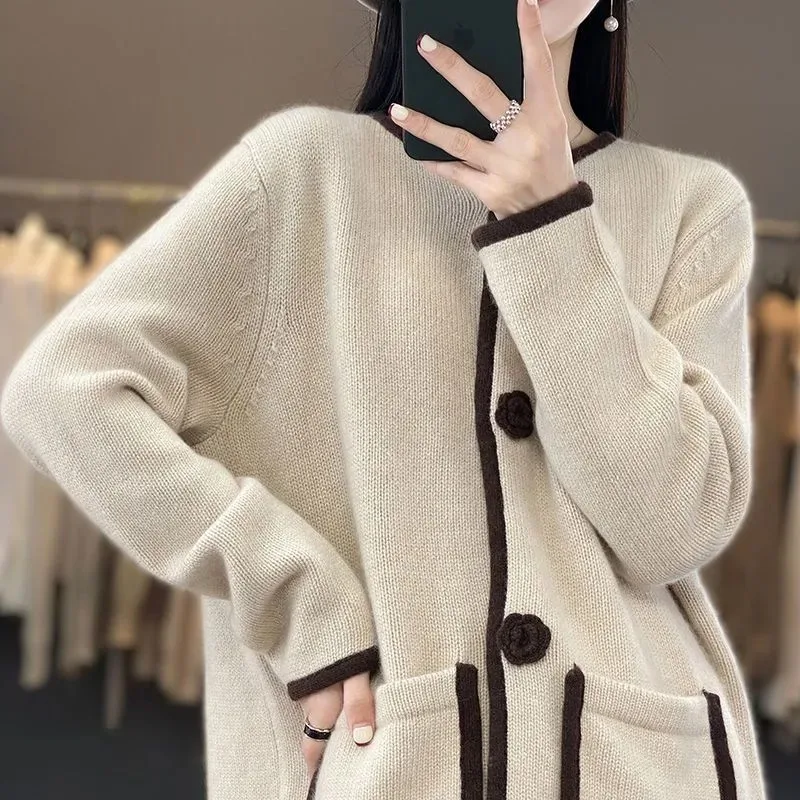 

Осенне-зимний вязаный кардиган, женский свободный и тонкий короткий топ с круглым вырезом и цветными блоками