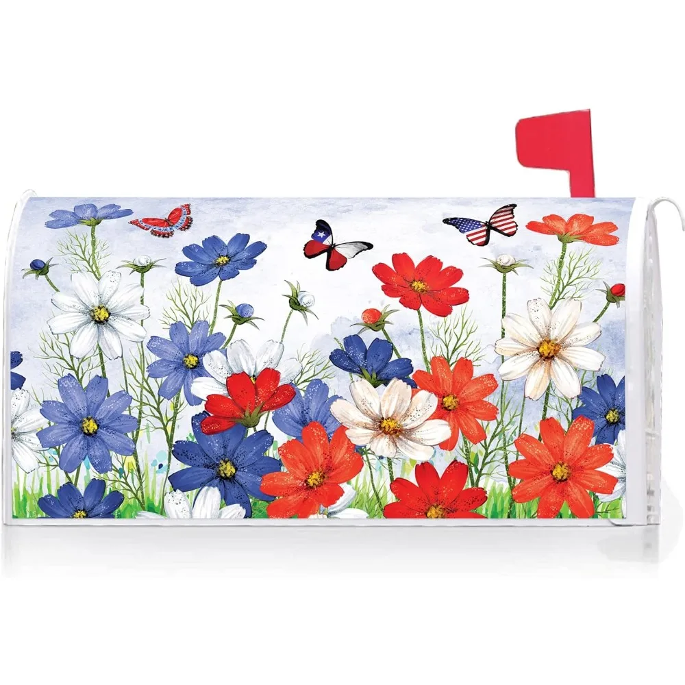

USA Patriotic Butterfly Pansies Floral July 4th Mailbox Cover with Magnetic Strip Memorial Day Mailbox Wraps Post Letter Box Co