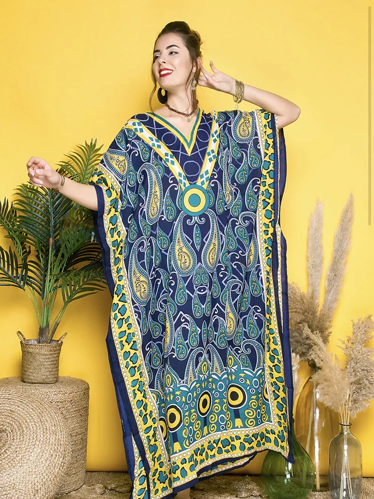 

Summer Multicolor Swimsuit Cover Up 2024 Printed Beach Maxi Dress Over Size Bathing Suit Kaftan Ropa Mujer Vestido for Women