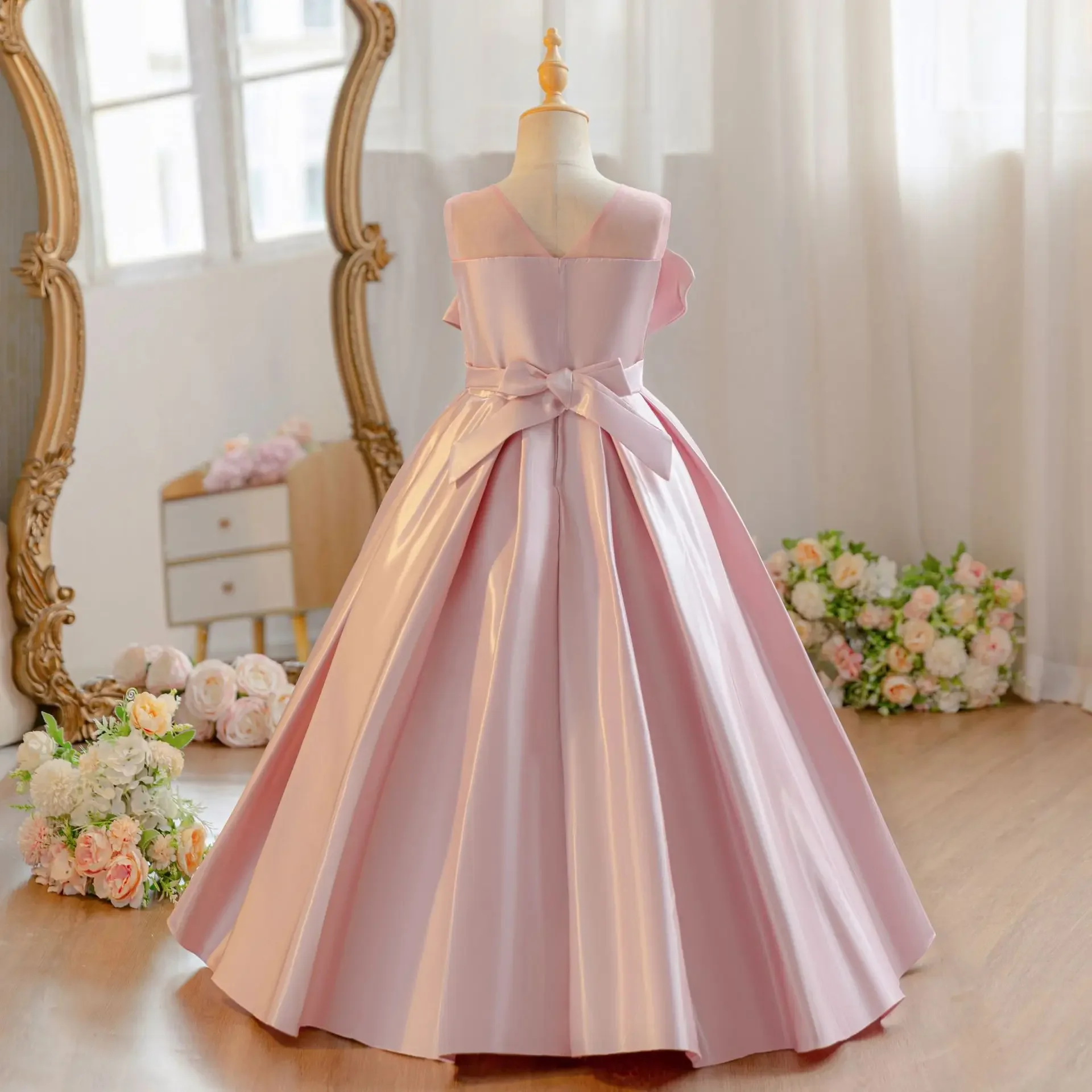 Pink Satin Elegant Girl Dress Designed Bowknot Children's Wedding Party Holy Communion Birthday Prom Gown 4-10 Years