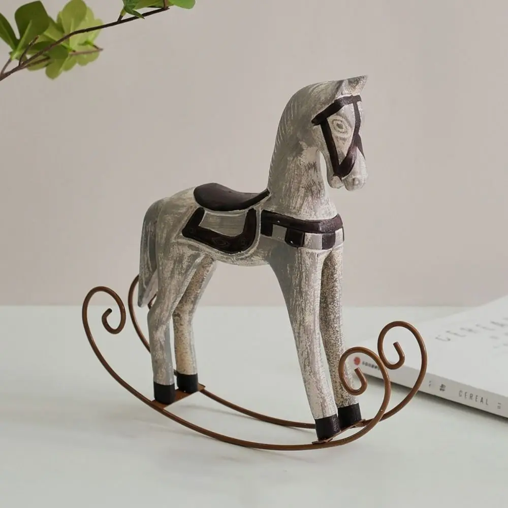 

Retro Wooden Craft Rocking Horse Sculpture Cartoon Hand-carved Nordic Horse Figurine Simulation Animal Ornament Children's Room