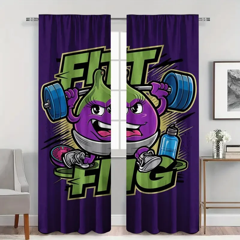 2pcs Funny Fitness Eggplant Curtains with Rod Pocket,  Sheer Light Filtering, Motivational Kitchen or Gym Room Decor