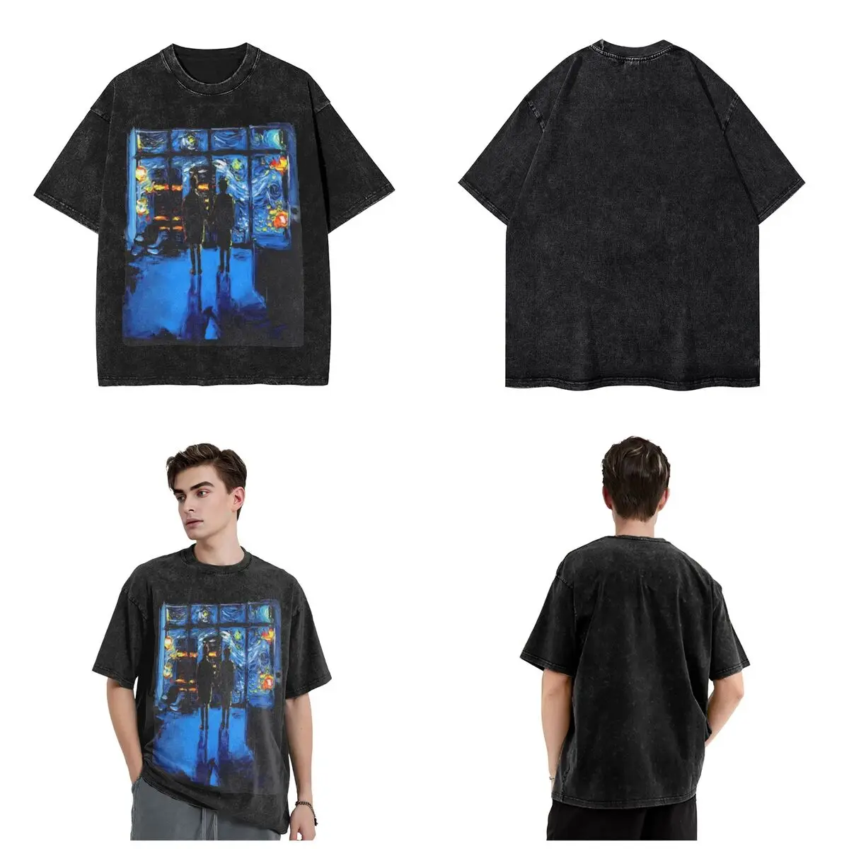 Fight Club Van Gogh Apparel Washed T Shirt Streetwear Hip Hop Fashion T-Shirt Tees Tops Men Women Cotton Street Summer