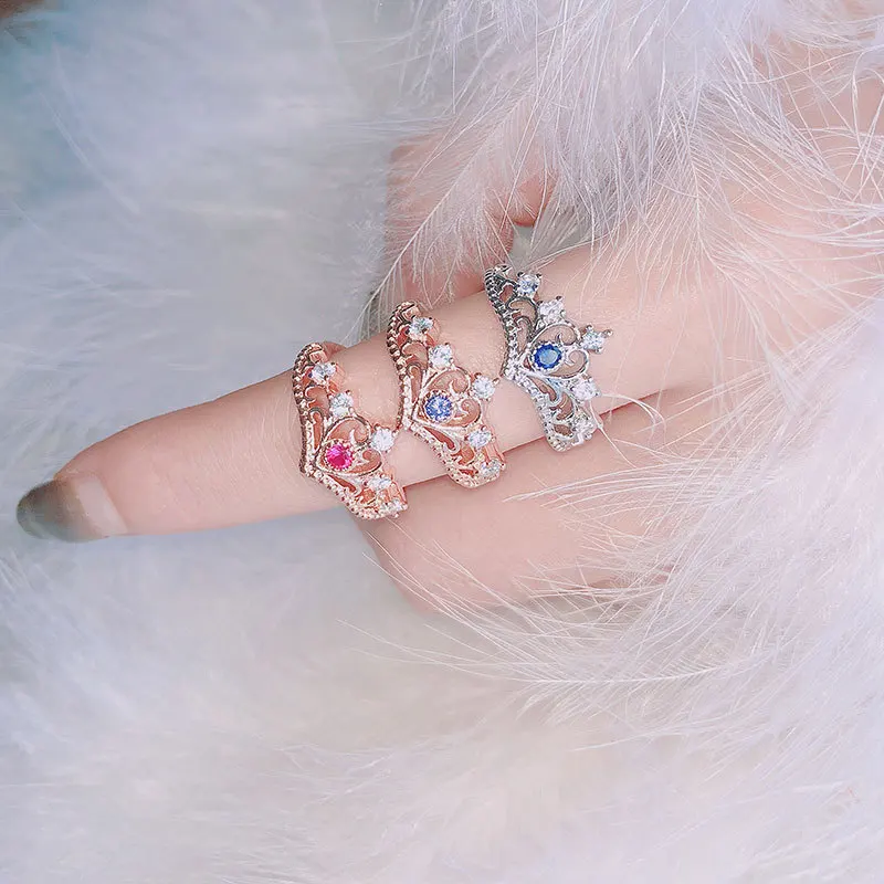 ZHOUYANG Rings For Women Luxury Hollow Out Princess Crown Blue Purple Red Zircon Rose Gold Color Fashion Jewelry KBR212