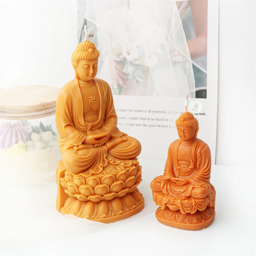 Large Buddha Statue Silicone Candle Mold DIY Shakyamuni Portrait With Lotus Flower Soap Resin Plaster Making Tool Chocolate Mold