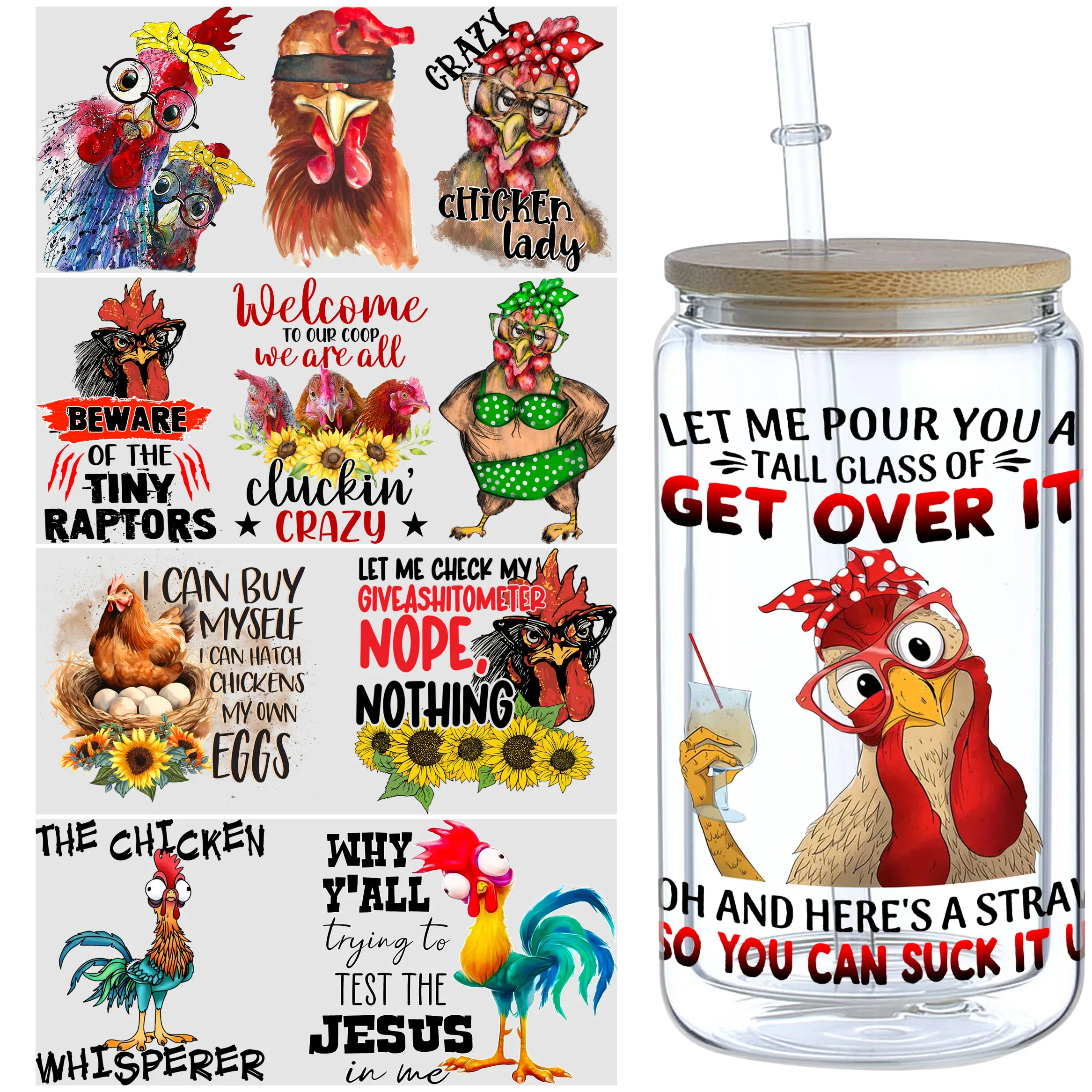 5 Sheets chicken UV DTF Cup Wrap,Sport DTF Transfer Stickers for Glass Cup,Waterproof funny chick Rub on Transfers for 16ozGlass