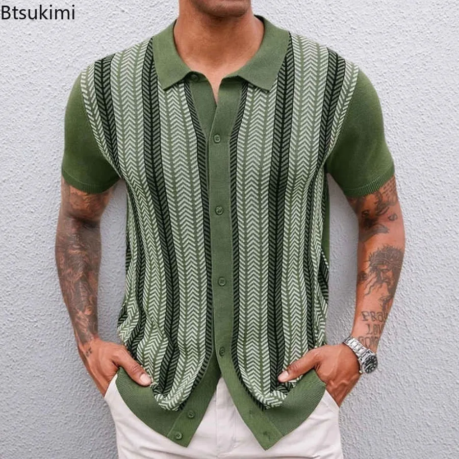 

New Fashion Men's Business Polo Shirts Casual Striped Knitted Short Sleeve Buttons Cardigan Tops Summer Vintage Leisure T-shirts