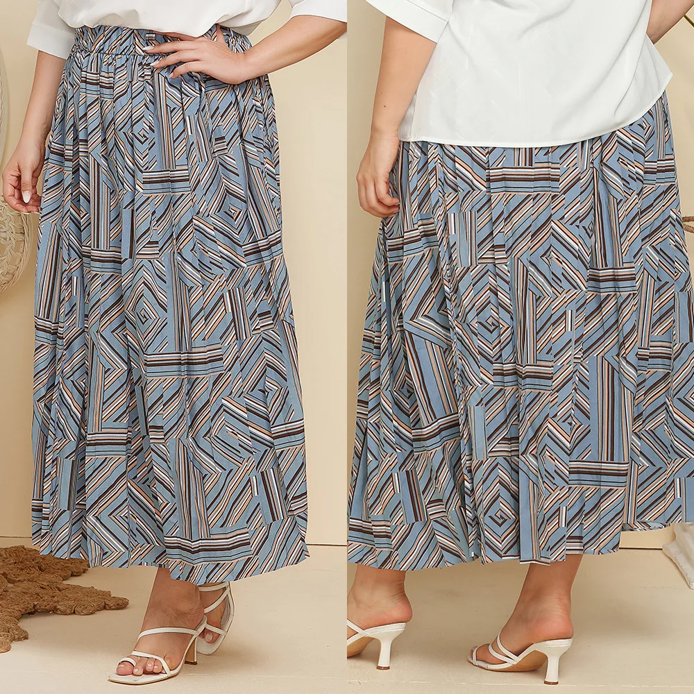 Plus Size Long Dress Women's Geometric Print Pleated Skirt Spring and Autumn New Soft Fashion Loose Skirt For Female