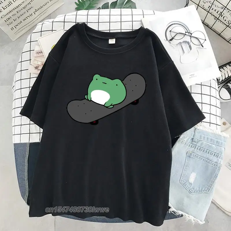 Skateboard Frog Dinosaur Cute Graphic Tee Men/Women Tshirt Green Aesthetic Oversized T Shirt Harajuku 100% Cotton Tops