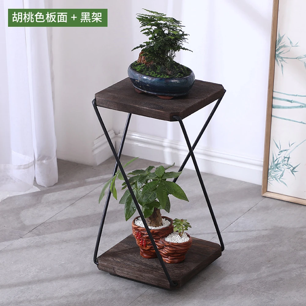 Iron Flower Rack, Wooden Shelf, Balcony, Minimalist Floor Standing Plant Rack, Indoor Living Room, Double Layer Succulent Potted