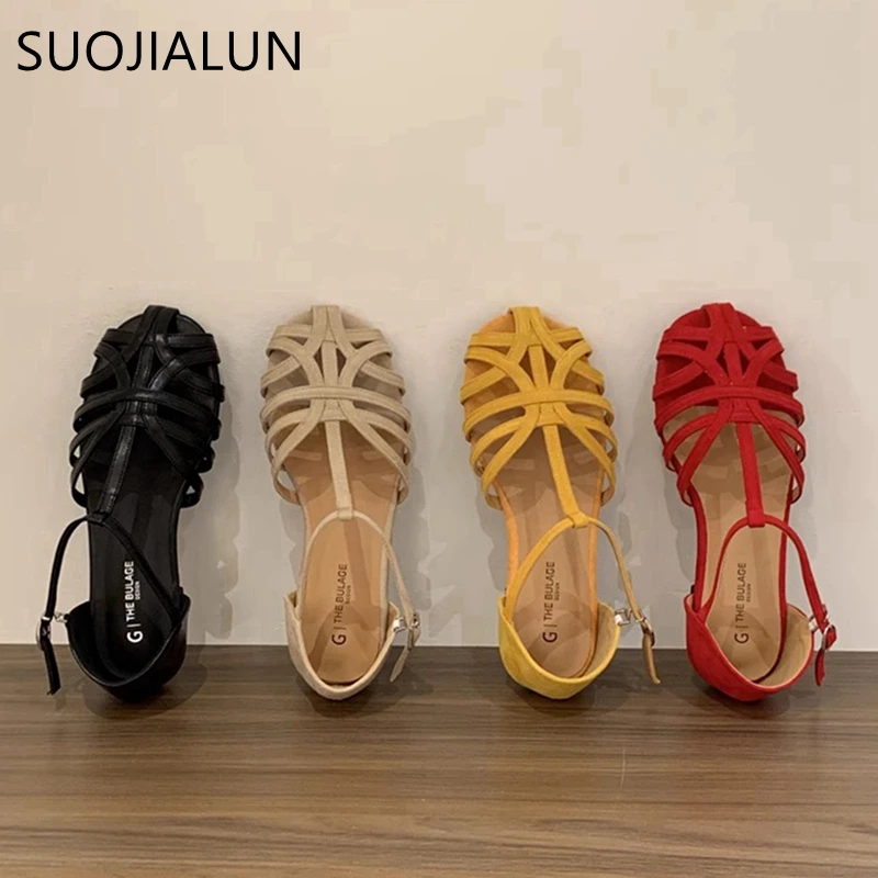 Фото SUOJIALUN/Новые летние брендовые женские сандалии, модные женские сандалии с узким ремешком, мягкие модельные туфли на плоском каблуке с открытой пяткой