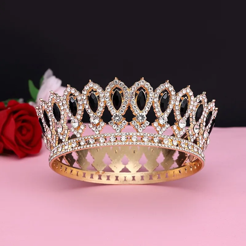 Corona da sposa transfrontaliera Copricapo barocco a cerchio intero in stile europeo, lussuosa decorazione in cristallo, imperiale rotondo pesante