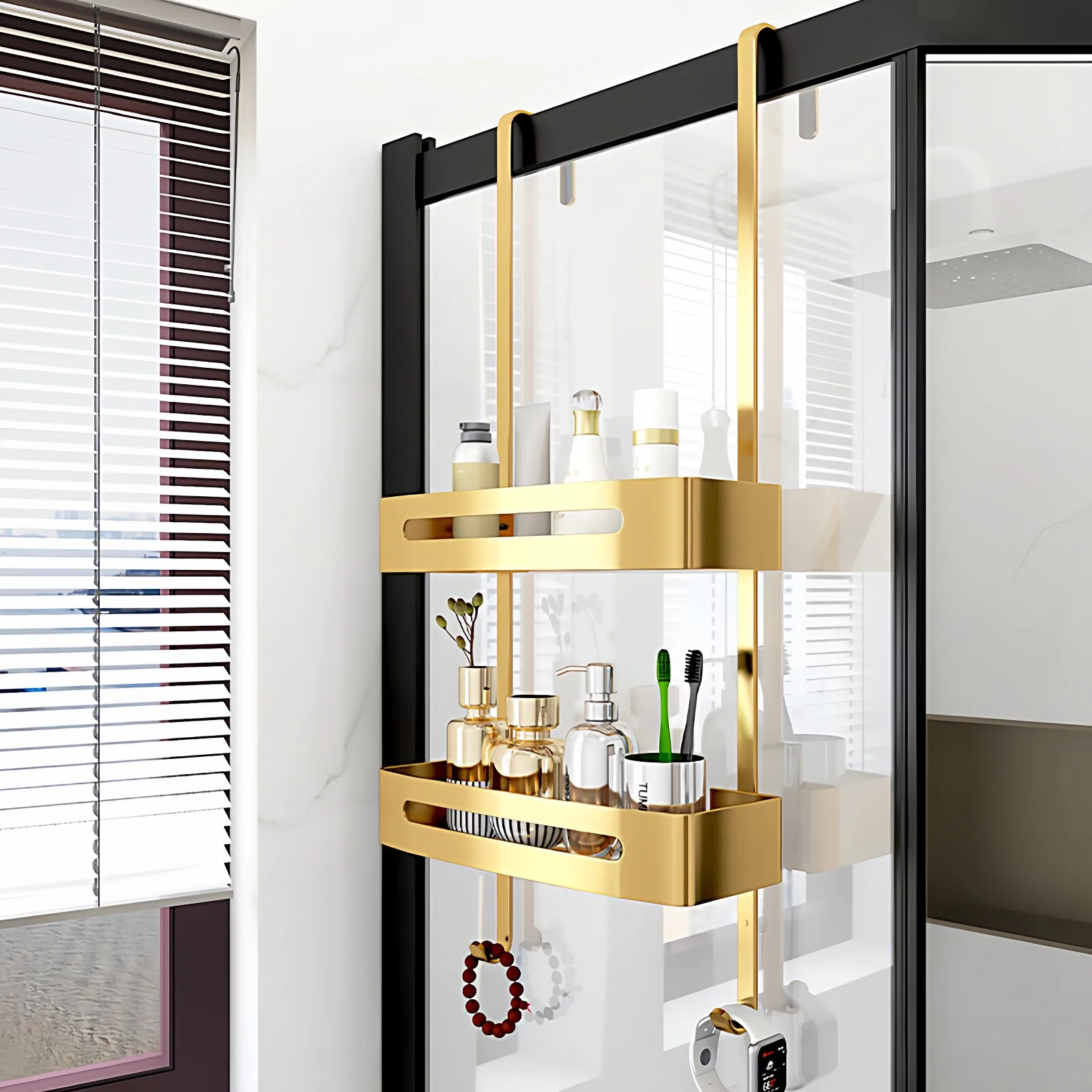 Brushed gold shower room storage rack bathroom double hanging basket bathroom toilet free toilet storage wall hanging