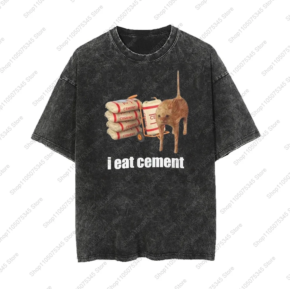 I Eat Cement Cursed Funny Cat Meme Vintage Washing T-shirt 100% Cotton Women's Clothing Fashion Casual Harajuku Summer  Top