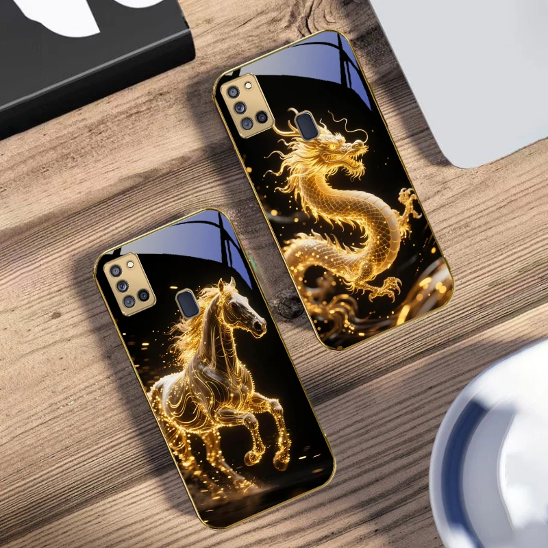 Golden Dragon Totem For Samsung A 31 32 A33 A34 35 14 A15 13 16 25 26 50 52 53 54 55 56 70 71 72 73 Golden glass phone case