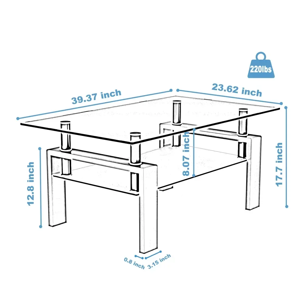 Rectangle Tempered Glass/Wooden Coffee Table Metal Tube Legs 2 Layers Side End Table Center Table Living Room Furniture Set