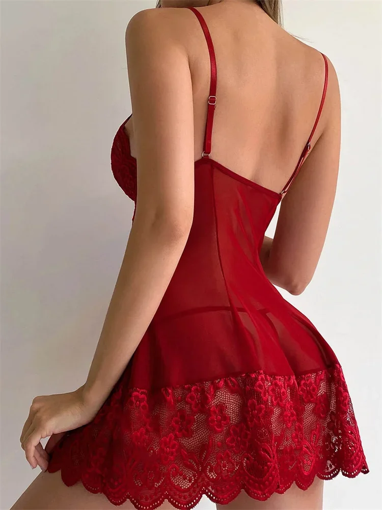 Ropa interior de noche de encaje, vestido transparente, Color sólido, ropa interior cómoda y transpirable, ropa de dormir Sexy para mujer