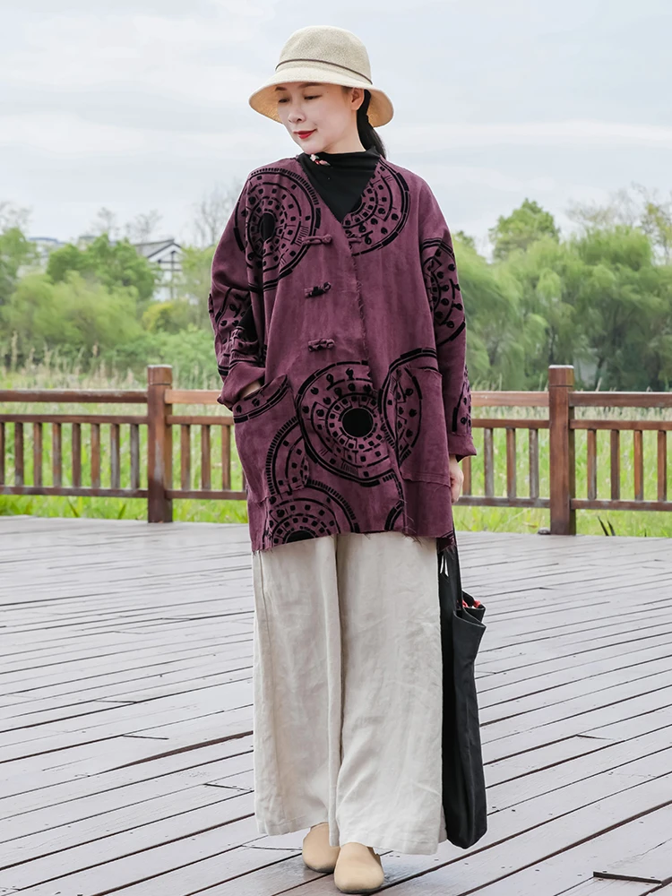 

Элегантная женская куртка из хлопка и льна с ретро-принтом, без пуговиц, для повседневного и делового стиля, весна 2023