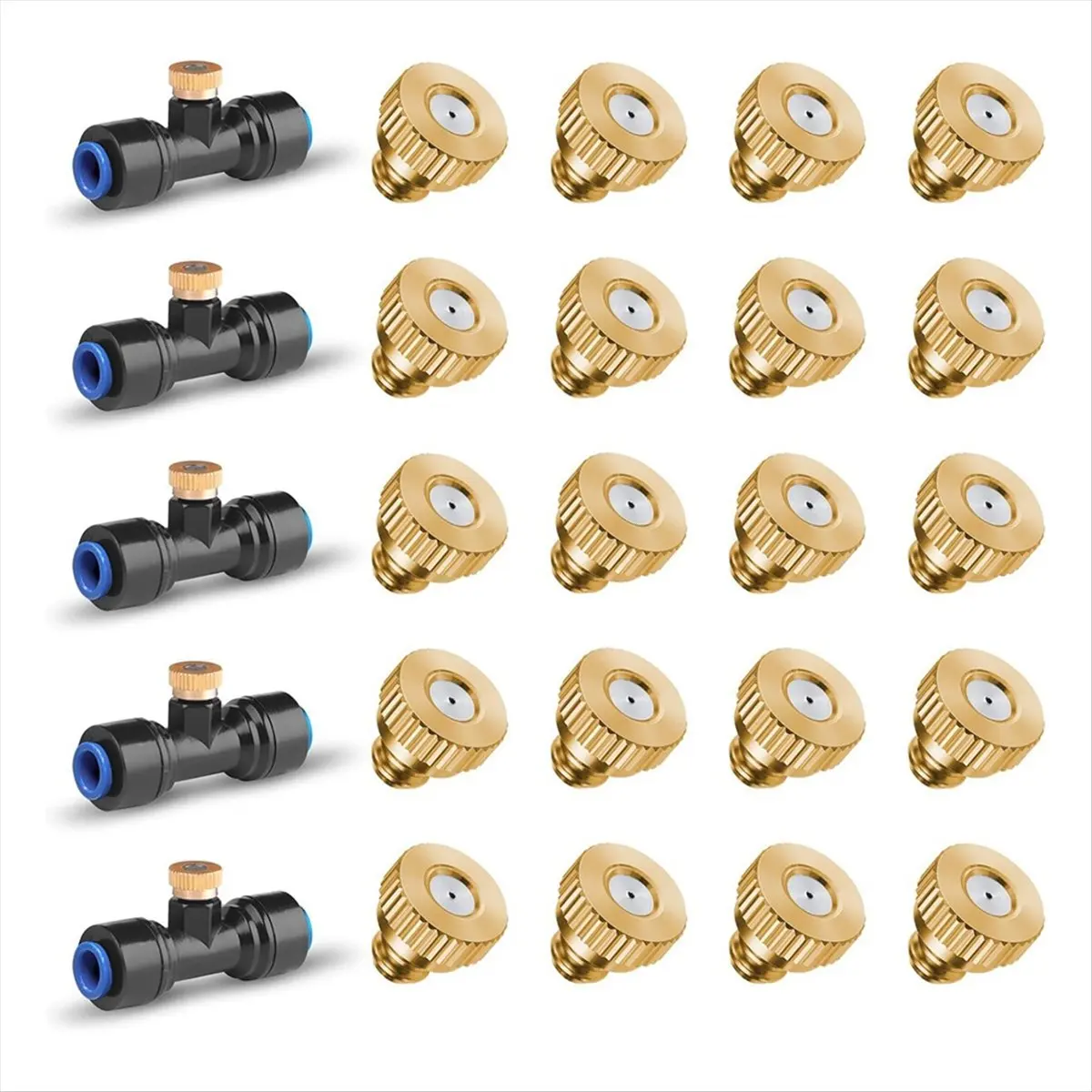 ABFW 20 Pack Brass Misting Nozzles and 5 Pack Misting Nozzle Tees for Outdoor Cooling System, Misting Nozzle for 1/4 Inch