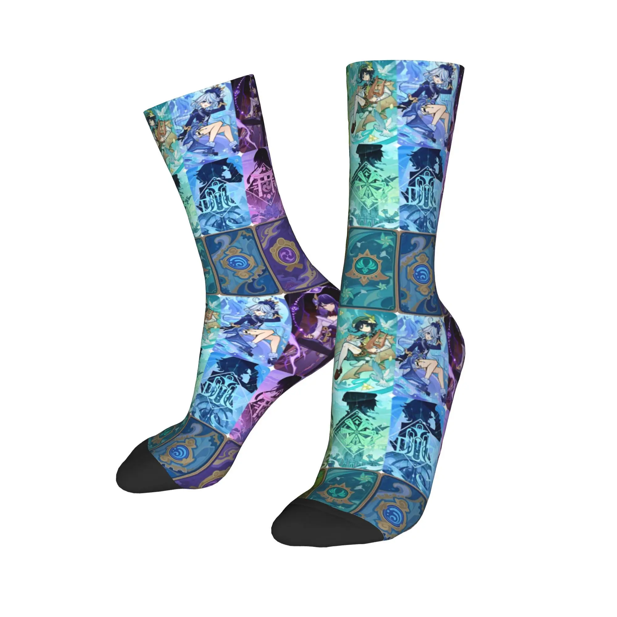 Casual Genshin Impact Characters Collection Sports Socks Video Games Cartoon Polyester Middle Tube Socks for Unisex Non-slip