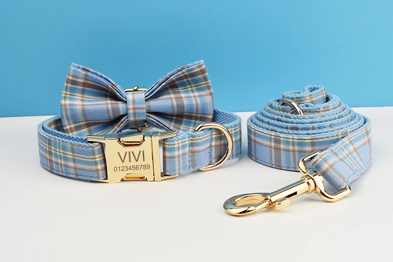 Kariertes Hundehalsband und Leinen-Set für Hunde, individuell graviertes Namensschild, Heimtierbedarf, Hundeleine, Gittermuster 16 – Detail 5