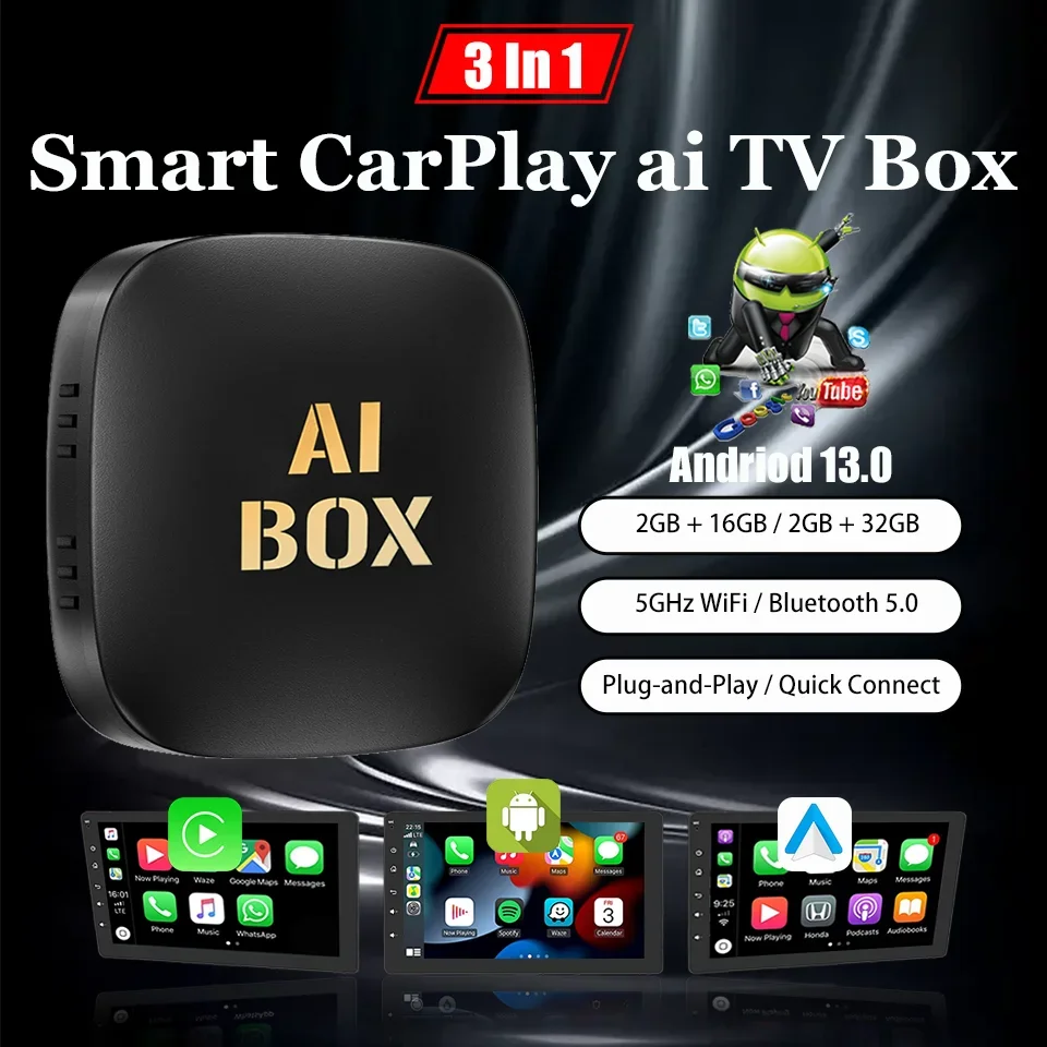 CarPlay Mini Ai Box 2+32GB Android13 & Android Auto & Carply 3in1 Smart Wireless Adapter Built-in Netflix YouTube Google Play