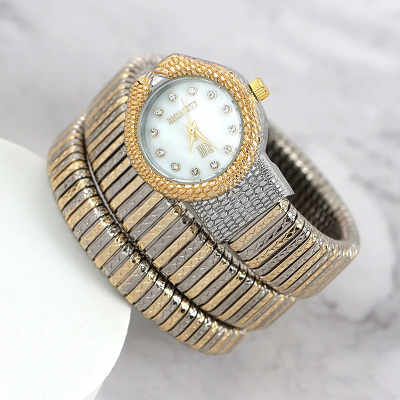 

Роскошные кварцевые часы, женские модные женские часы со змеиным узором, блестящие бриллианты, шипы, женские рабочие наручные часы, подарок на день рождения, ювелирные изделия