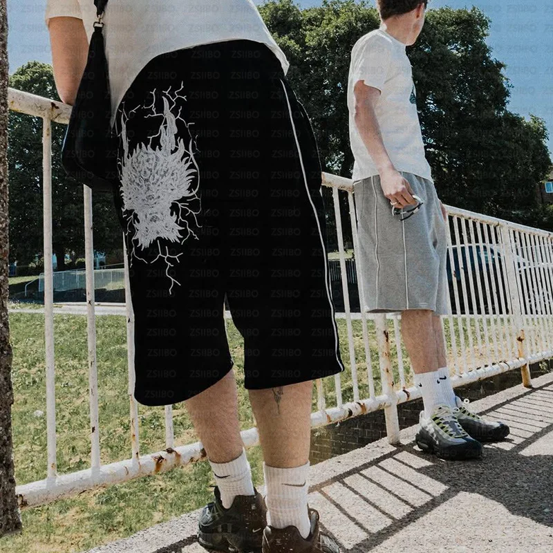 Hiphop Harajuku Retro Dragon Head Ricamo a strisce Casual Allentato Abbigliamento da uomo Punk Moda Streetwear Wom High Street Short