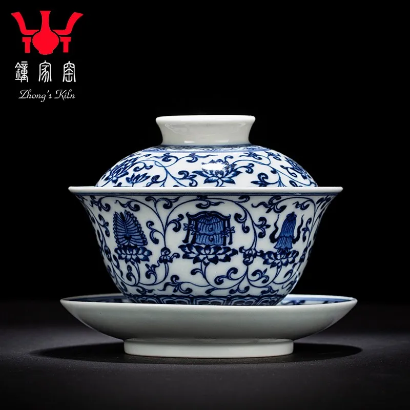 

Zhongjia Kiln Firewood Kiln Tureen Single Jingdezhen Blue and White Twine Eight Treasures Three Cai Tea Cup Handmade Large Size